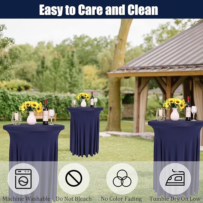 Fivenl 6 Pack Round Cocktail Tablecloth 32"x 43" Spandex Cocktail Table Skirt, Washable Stretch Fitted Table Covers for High Top Bar,Wedding,Party,Events (Navy Blue)