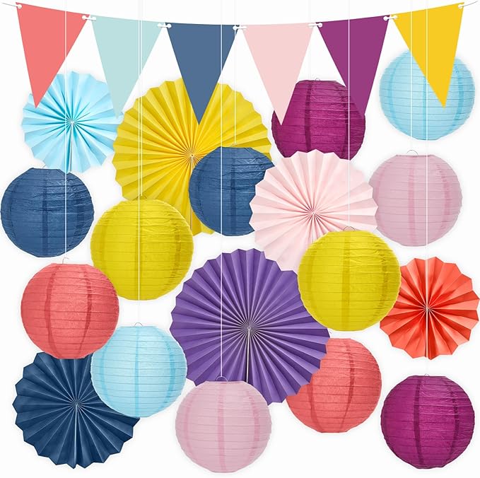 21Pcs Morandi Classroom Decor Morandi Hanging Paper Lanterns Paper Fans Triangle Flags Banners Set Round Lantern for Back to School Ceiling Supplies Home Indoor Birthday Party Ceremonial Event