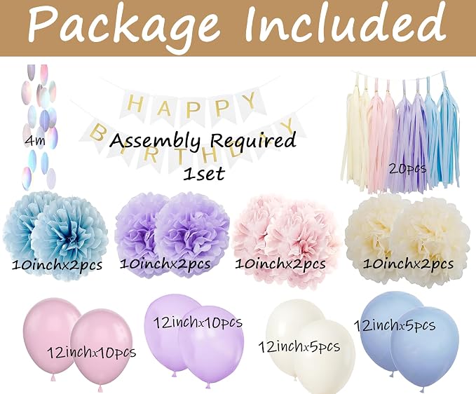 Iridescent Birthday Decorations for girls Women - Pink Purple Blue Party Balloons with Happy Birthday Banner Tassel Dot Garland and Paper Pom poms Decor (Pastel Pink Purple)