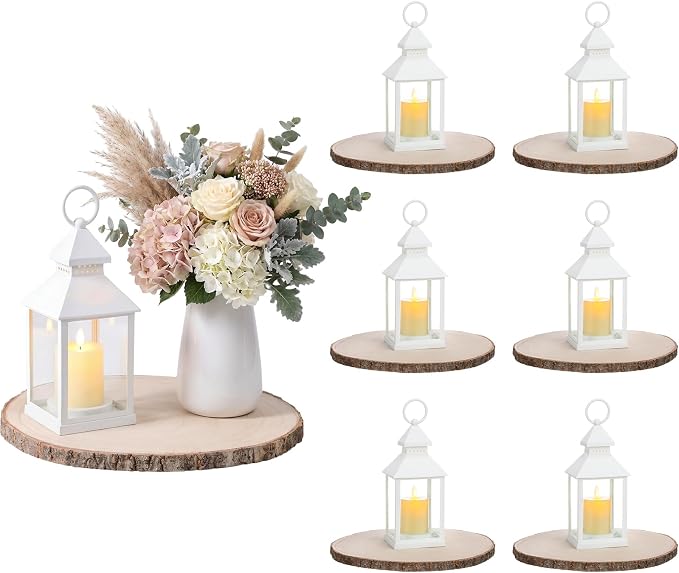6 Sets Wedding White Decorative Candle Lanterns with Wood Slices Flameless Candle Hanging Lights Rustic Farmhouse Centerpieces Table Decor for Wedding Summer Boho Decoration