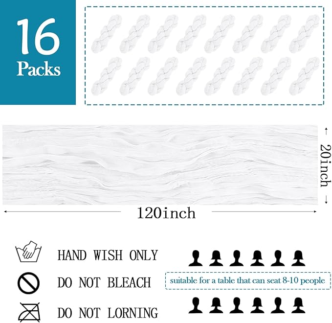 16 Pack White Cheesecloth Table Runner 20 x 120 inch Gauze Table Runners 10 FT Long,Semi Sheer Boho Cheese Cloth Fabric Table Runner Bulk for Wedding,Party,Baby Shower,Bridal Shower Decoration