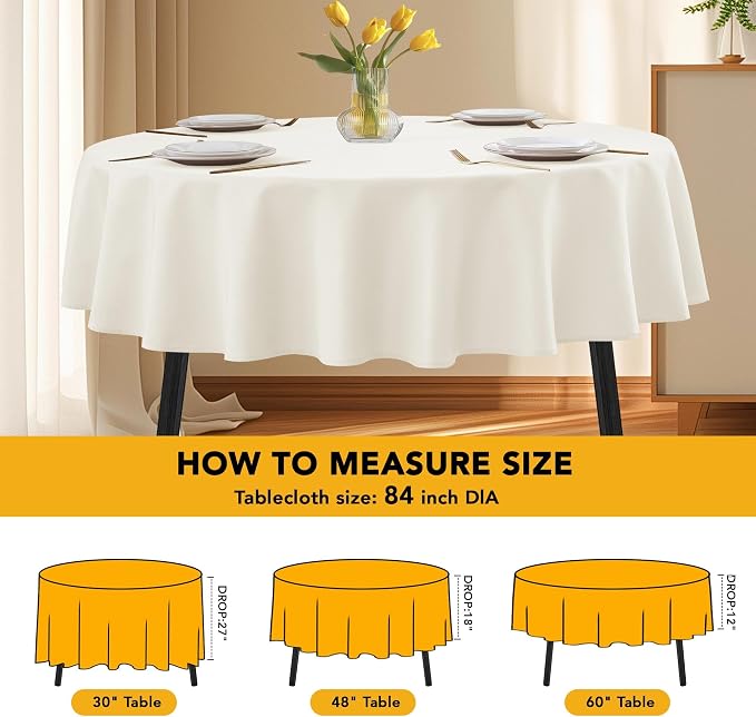 10-Pack Ivory Round Tablecloths, 84 Inches, Stain-Resistant Polyester for 3-5 Ft Round Tables - Washable Table Covers for Weddings, Banquets, Birthday Parties, Events