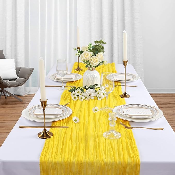 12 Pack Lemon Yellow Cheesecloth Table Runner 10Ft Spring Gauze Cheese Cloth Table Runner 35x120 Inch Boho Sheer Rustic Fabric for Party Decor Baby Shower Wedding Decorations