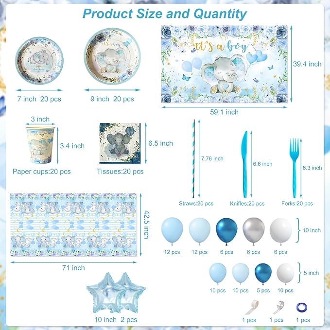 Elephant Baby Shower Decorations for Boy, 224 Pcs Blue Baby Shower Supplies(20 Guest) Includes Paper Plate, Cups, Napkins, Forks, Balloon Garland, Tablecloth, Backdrop