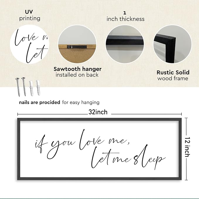 YWJKWLGS If You Love Me Let Me Sleep Bedroom Wall Art Above Bed | 32x12 Inch Rustic Black Wood Framed Funny Sleep Sign Wall Decor for Master Room Over Bed, Sleep Lovers Her Him