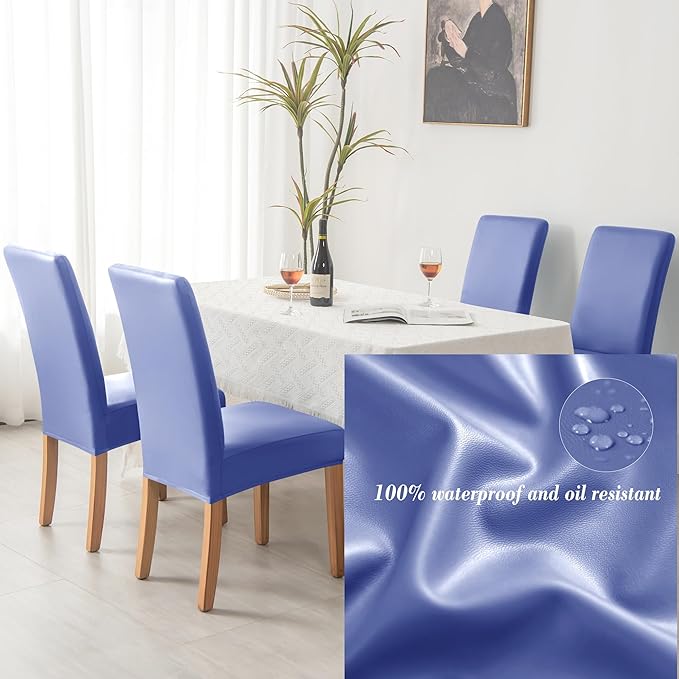 HFCNMY Dining Room Chair Covers - Waterproof PU Slipcovers for Dining Set of 4, Soft, Washable, Blue
