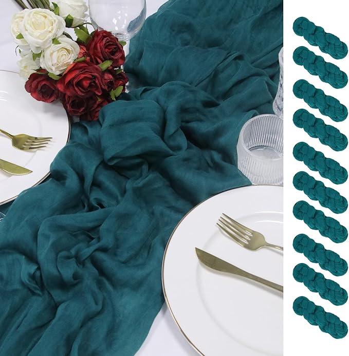 10 Pack 120inch Teal Cheesecloth Table Runners - 10Ft Long Cotton Teal Blue Gauze Runner Table Set for Weddings Bridal Parties and Baby Showers Decoration- Turquoise Cloth for Graduation Party