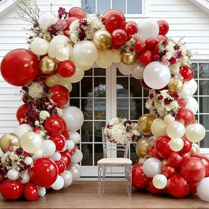 Red White Gold Balloon Garland Double Stuffed Burgundy Red White Sand Pearl Balloon Arch Kit Maroon Wine Balloons for Mother's Day Birthday Bridal Shower Wedding Graduation Party Decorations