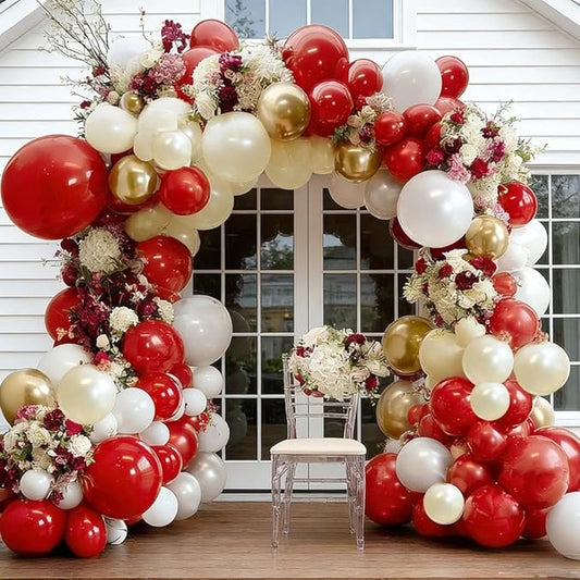 Red White Gold Balloon Garland Double Stuffed Burgundy Red White Sand Pearl Balloon Arch Kit Maroon Wine Balloons for Mother's Day Birthday Bridal Shower Wedding Graduation Party Decorations