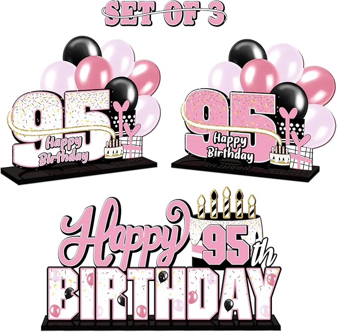 LINGTEER Happy 95th Birthday Pink Acrylic Table Topper Centerpieces Set - Cheers to 95 Years Old Birthday 95th Bday Party Gift Decorations.