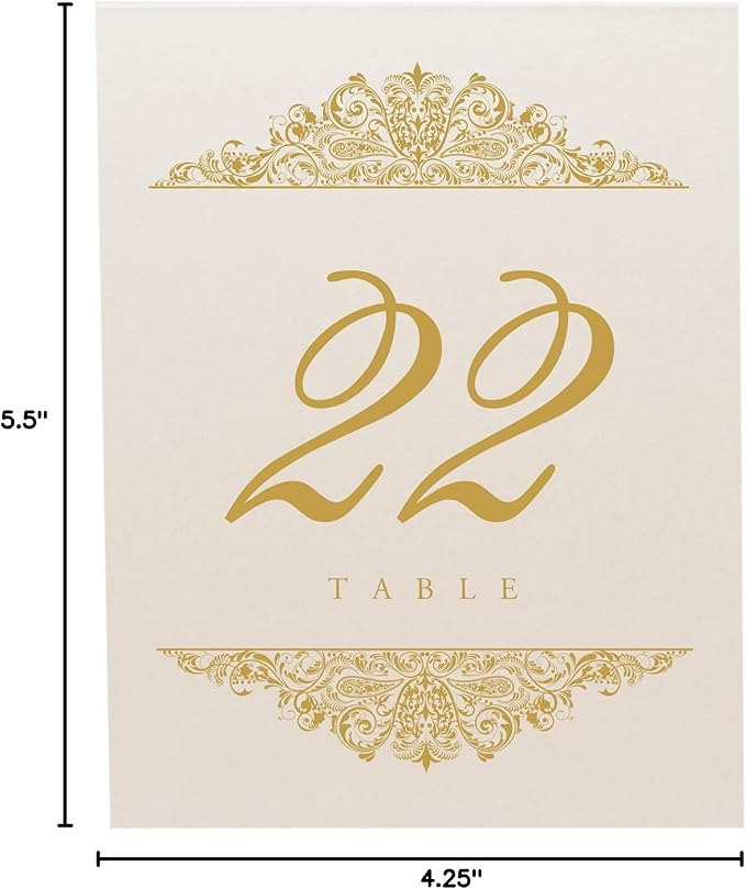 Paisley Wedding Table Numbers (Select Color/Quantity), Champagne, Gold, 1-65, Double Sided, Tent or Use in a Stand, Great for Parties & Restaurants - Made in the USA