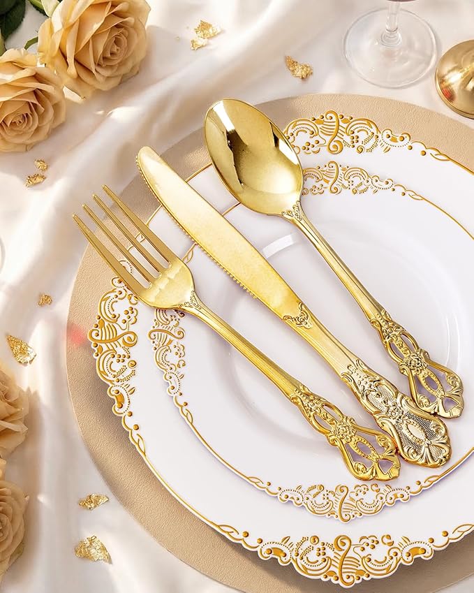 Ciaell 300PCS White and Gold Plastic Plates - Gold Disposable Dinnerware Sets for 50 Guests - 100 Plates, 50 Knives, 50 Forks, 50 Spoons, and 50 Napkins for Wedding, Anniversary, Party