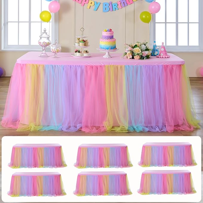 6 pk 6ft Rainbow Tulle Tablecloth for Rectangle Tables, 2-in-1 Pastel Color Table Covers with Tulle Skirt,Wrinkle Free Stretchy Ruffle Tulle Table Cloths Fitted for Wedding Party Banquet Vendor