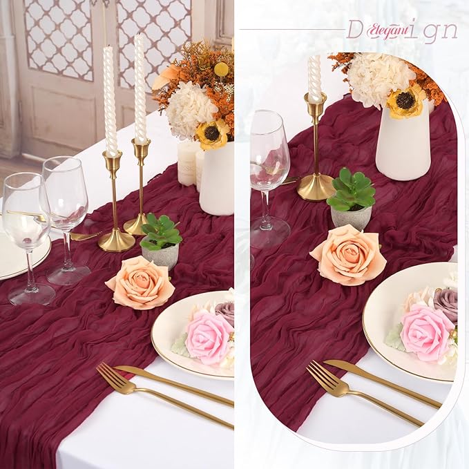 18 Pack Christmas Table Runner 10FT Burgundy Cheesecloth Table Runner 35 x 120 Inch Long Semi-Sheer Gauze Fabric Boho or Rustic Wedding Table Decor for Bridal Shower Baby Shower Holiday Party