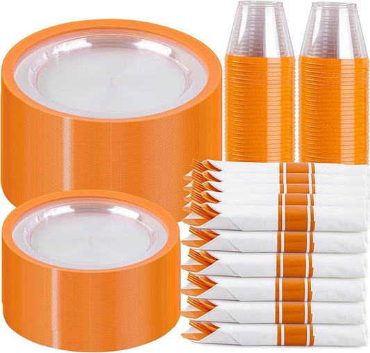 I00000 210 Pcs Clear Orange Plates for 30 Guests, Orange Disposable Plates Set Include 30 10" Dinner Plate,30 7" Dessert Plate, 30 Cups, 30 Pre Rolled Napkins with Cutlery Set for Party and Wedding