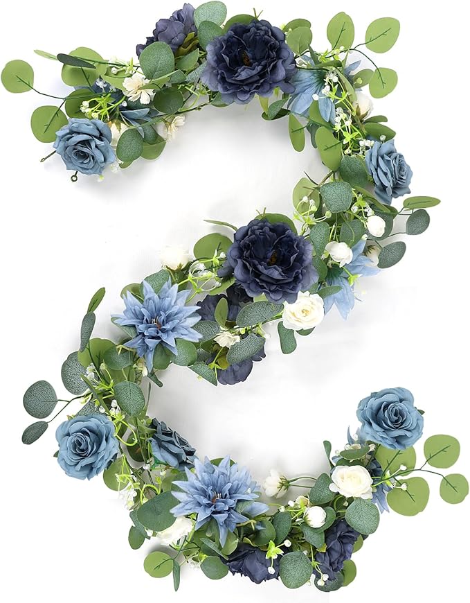 Eucalyptus Garland with Flowers - 1 Pack 5.9 FT Fake Flower Garland with Butterflies Faux Rose Greenery Garlands for Wedding Table Backdrop Arch Centerpieces Decorations - Navy Blue