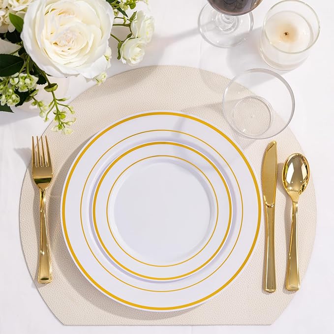 150 PCS Gold Disposable Dinnerware Set for 25 Guests, Gold and White Plastic Plates for Party, 25 Dinner & Salad Plates, 25 Cups, 25 Forks Knives Spoons for Wedding and Party Supplies