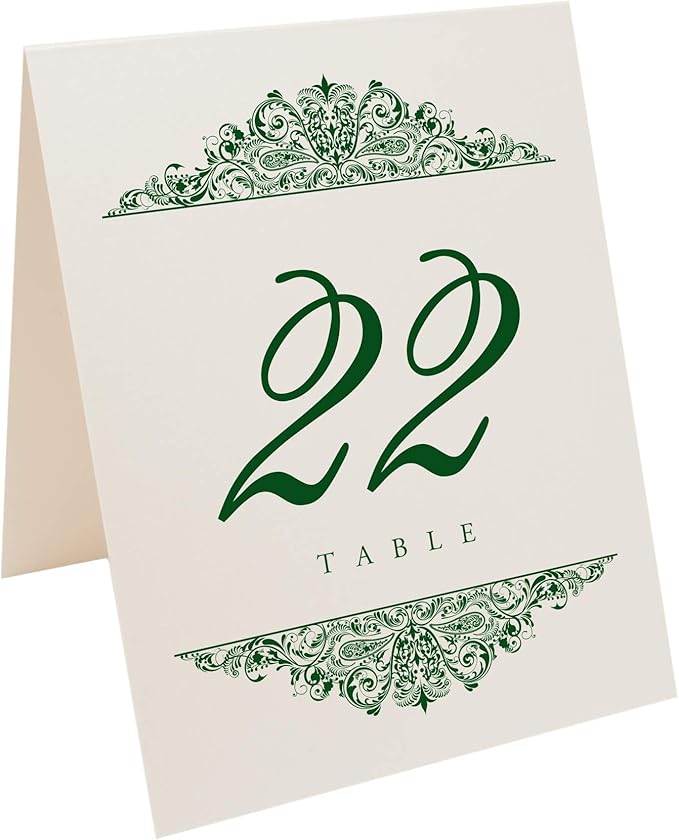 Paisley Wedding Table Numbers (Select Color/Quantity), Champagne, Hunter Green, 1-90, Double Sided, Tent or Use in a Stand, Great for Parties & Restaurants - Made in the USA