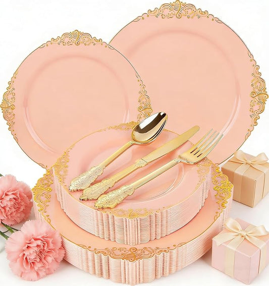 125PCS Peachy Pink Plastic Plates - Elegant Pink and Gold Dinnerware Set - Heavy Duty Disposable Plates with Gold Silverware Sets for 25 Guests for Easter Wedding & Bridal Shower