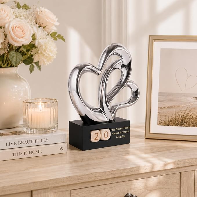 Ceramic Heart Sculpture with Date Blocks, Silver Hearts Statue for Home Decor, Romantic Valentines Day & Wedding for Couple, Shelf Mantel Tabletop Display (Silver)