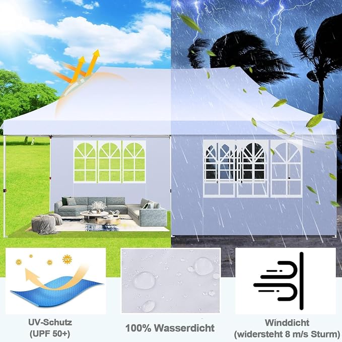 COBIZI 10x20 Pop Up Canopy with 6 Sidewalls - Waterproof Commercial Tent, UV 50+ Protection, Easy Setup Outdoor Gazebo for Parties, Events & Garden with Sandbags, Swan White