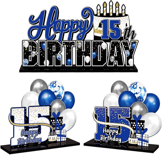 LINGTEER Happy 15th Birthday Blue Acrylic Table Topper Centerpieces Set - Cheers to Fifteen Years Old Birthday 15th Bday Party Gift Decorations.