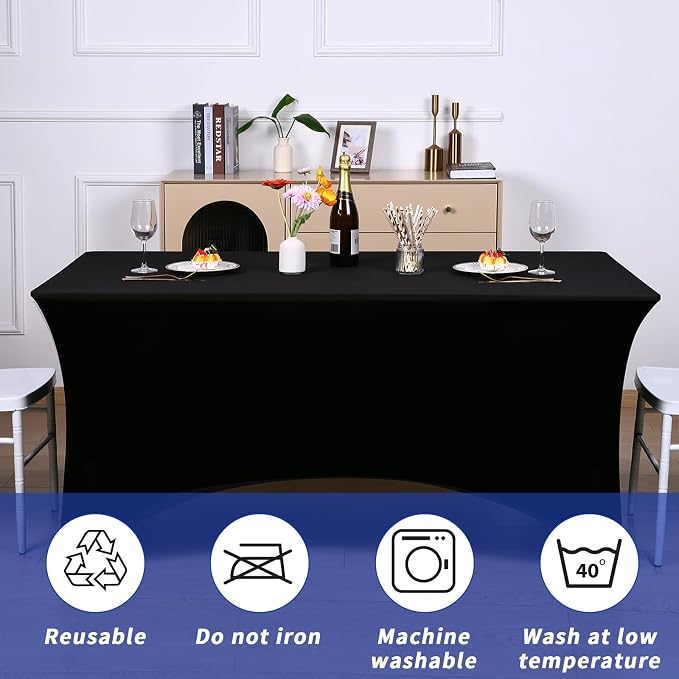 Fixwal 12 Pack Black Tablecloth Rectangle 6Ft, Stretch Spandex Fitted Table Cover for Party, Trade Show, Wedding, Buffet, Graduation, Vendor Stand
