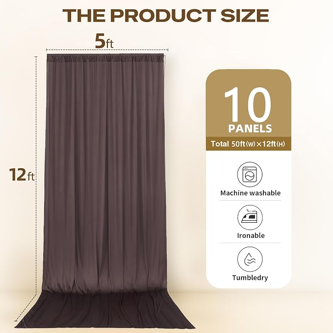 50ftx12ft Brown Backdrop Curtains for Parties, Wrinkle Free Polyester Brown Photo Backdrop Drapes 10 Panels 12 ft Long Back Drop Cloth for Wedding Birthday Photography Background Party
