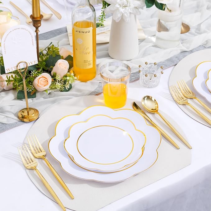 ejonirinjonir EI 180pcs White Plastic Plates with Gold Plastic Silverware,Heavy-Duty Disposable Plates for Party,White Dinnerware Set for 30 Guest Wedding,Afternoon Tea,Spring,Mother's/Valentine's Day