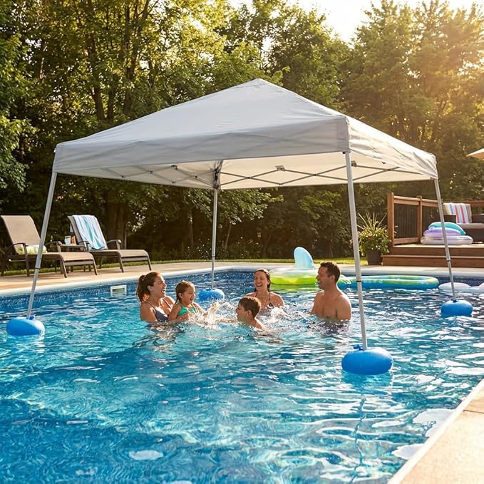 SUNJOY 10x10 FT Floating Pool Canopy Pop Up Gazebo, Grey Water Tent with Steel & Aluminum Frame, PVC Floats, Hand Pump & Carry Bag for Lake, Beach, Pool