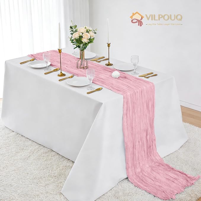 12 Pack Pink Cheesecloth Table Runner 21x120 Inches, Boho Gauze Rustic Semi Sheer Cheese Cloth Table Runners for Easter Spring Wedding Bridal Baby Shower, Birthday Party, Long Farmhouse Table Decor