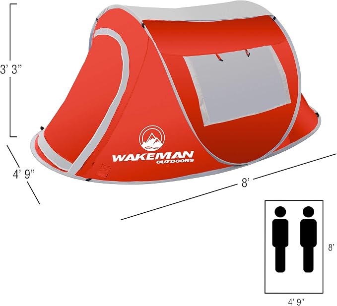 Pop-up Tent 2 Person, Water Resistant Barrel Style Tent for Camping with Rain Fly and Carry Bag, Sunchaser 2-Person Tent by Wakeman Outdoors (Red)