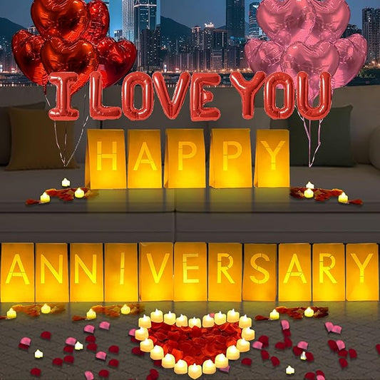Happy Anniversary Lighted Letters Sign 16pcs Luminary Paper Bags 2000pcs Red Pink Rose Petals 48pcs Flameless LED Candle Tealight 10pcs Heart Balloons Romantic Night Valentine's Day Decorations