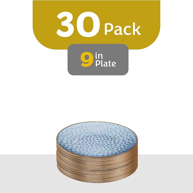 PLASTICPRO 30 Pack Hammered Plastic Plates Heavyweight Disposable Plastic Plates Elegant Clear Hammered Rim Platsic Party Dishes (Blue With Gold Rim, 9'' INCH PLATES)