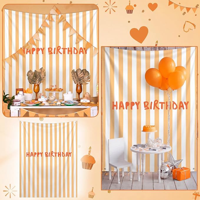 Flutesan 7x5ft Orange Stripe Happy Birthday Backdrop Large Banner Fabric Tapestry Birthday Party Decoration Baby Shower Linen Rustic Background Wall Photo Props Indoor Outdoor