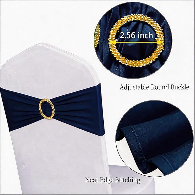 Pack of 50 Spandex Navy Blue Chair Sashes with Gold Buckles, Stretch Chairs Sashes for Wedding Party Baby Shower Ceremony Event Decorations Chair Bands Bows (Navy Blue Sashes, Gold Buckles)