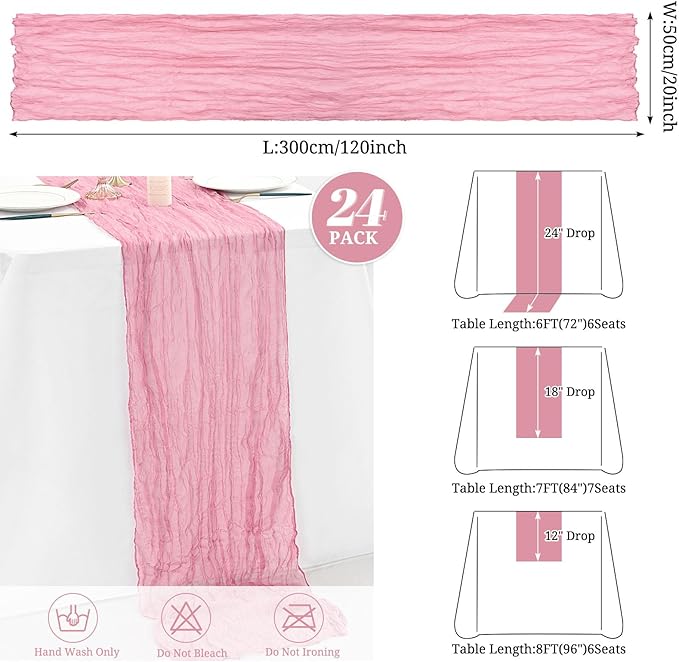 24 Pack Dusty Rose heesecloth Table Runner ,10FT Cheese Cloth Table Runner for Wedding Decor, 20x120inch Rustic Boho Gauze Table Runners for Wedding Party Bridal Shower