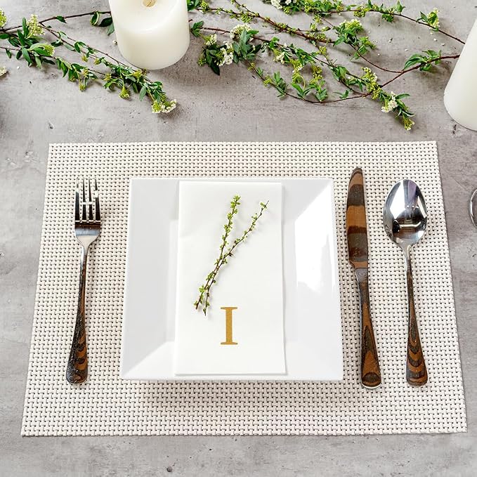 Luxenap 15.8 X 7.9 Inch Linen-Feel Guest Towels, 50 Lettered Hand Towels - Gold Letter 'I', Sans Serif Font, White Paper Dinner Napkins, airlaid, For Restrooms And Tables