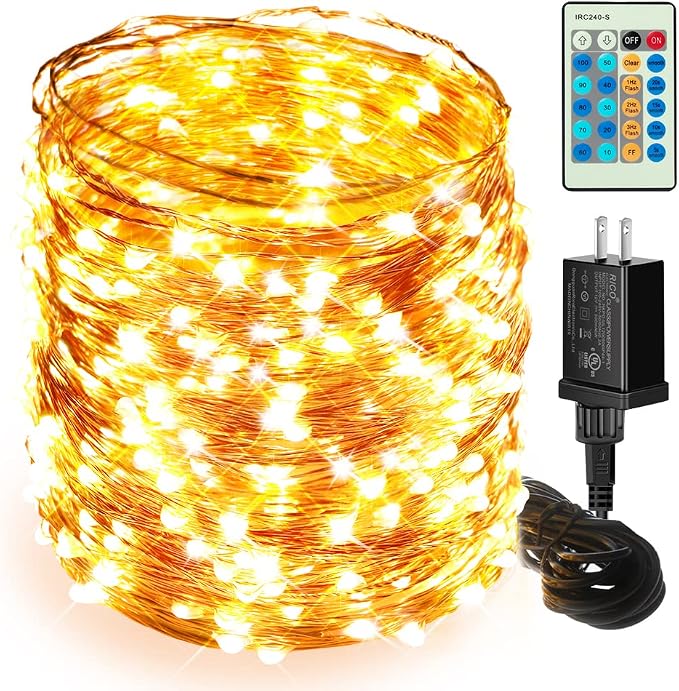 Moobibear LED String Lights, 164ft 500 LED Fairy Lights Plug in, Dimmable Outdoor Tree Lights, UL-Listed Warm White Copper String Lights Remote Control for Wedding Christmas Decor