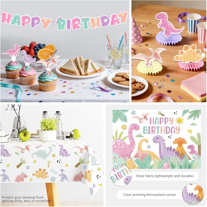 293pcs Pink Dinosaur Birthday Decorations for Girl, Worry-free One-stop Set for 25 Guests, with Dinosaur Balloon Arch, Plates and Dino Cupcake Stand, Easy Setup for Dinosaur-Themed Party