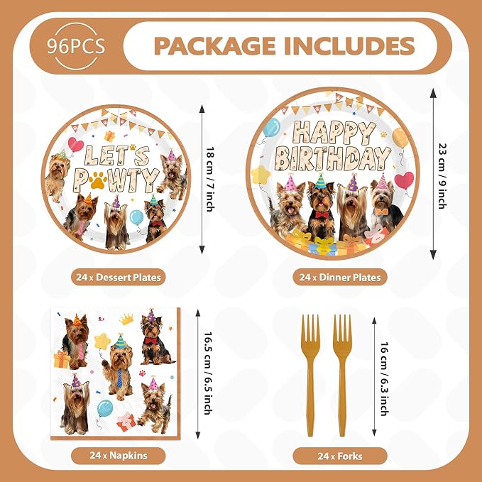 96 Pcs Yorkshire Terrier Birthday Party Decorations Yorkie Dog Theme Plates and Napkins Golden Let's Party Tableware Set for Animal Puppy Dog Birthday Party Supplies, Serves 24
