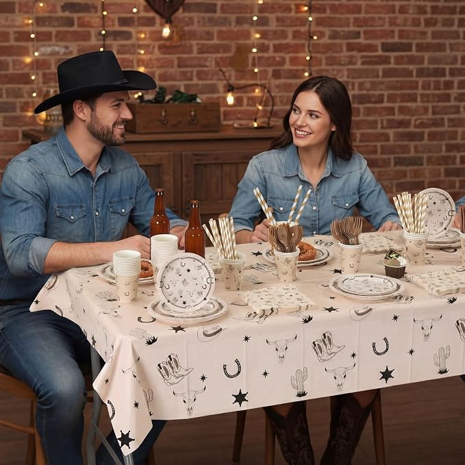 Vesici 452 Pcs Cowboy Party Supplies Tableware Set for 50 Guests Western Paper Plates Napkins Plastic Tablecloth Cups Cutlery Straws Wild West Rodeo Theme Birthday Baby Shower Bachelorette Party Decor