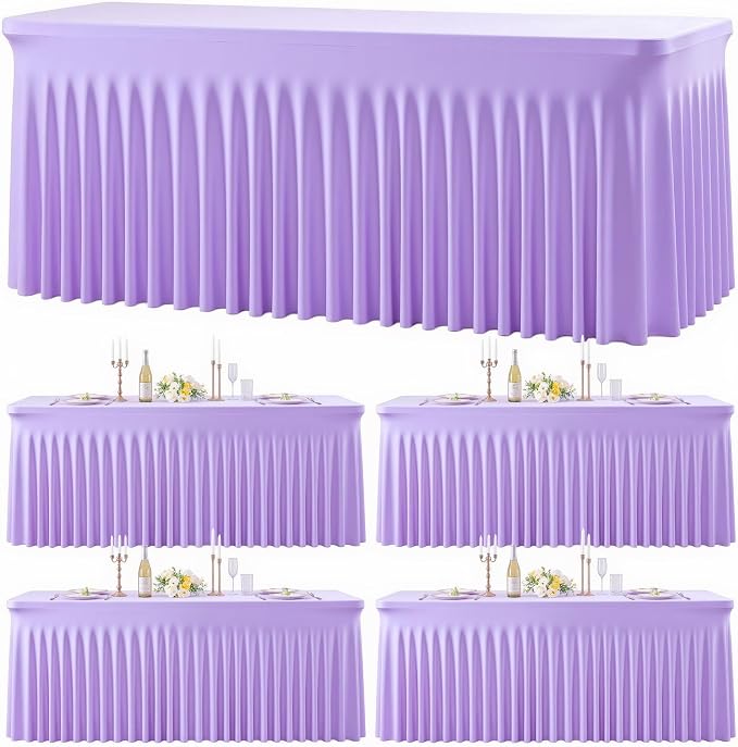 4 Pack Purple Table Cloth for 6 Foot Rectangle Tables Spandex Fitted Tablecloth 6ft Stretch Table Covers Skirt Purple Banquet Tablecloths Wrinkle Free Tablecloth for Party Wedding Birthday Event