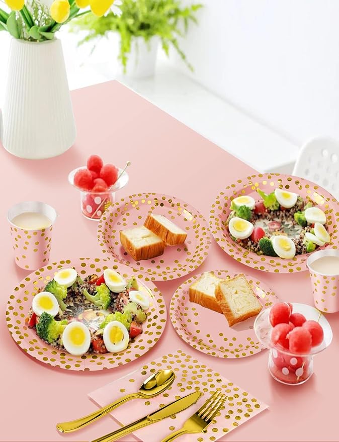 Nkaiso 141 Pieces Pink Gold Party Supplies, Party Dinnerware Sets Include Paper Plates Napkins Cups Silverware, for Wedding Bridal Shower Engagement Birthday Parties Decoration -20 Serves