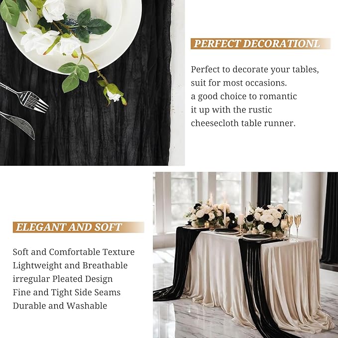8 Pack Cheesecloth Table Runner, 10Ft Boho Gauze Table Runner 21×120 Inch Rustic Romantic Long Table Runner for Wedding Party Bridal Shower Thanksgiving Christmas Decoration (Black)