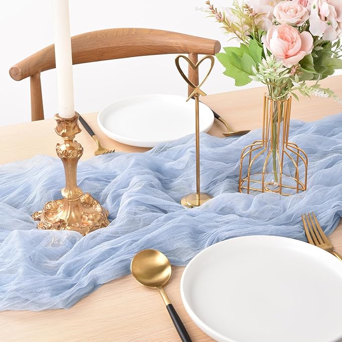 Joanlody Blue Cheesecloth Table Runner Spring Summer 10Ft Rustic Gauze Boho Cheese Cloth Table Runner for Wedding Bridal Baby Shower Decoration 4 Pack