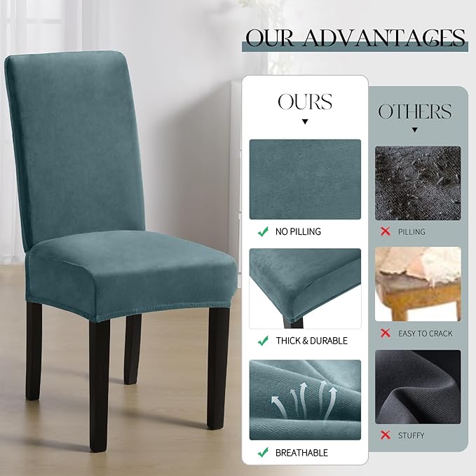 MOSAYT Velvet Stretch Chair Covers for Dining Room Set of 6 - Soft Slipcovers with Thick Removable Fabric for Parsons Chairs, Washable Seat Protectors for Kitchen, Banquet & Home Decor, Teal
