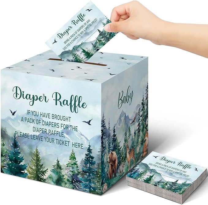 Teling 51 Pieces Diaper Raffle Tickets with Card Box Baby Shower Decorations Baby Shower Holder Box for Girl Boy Diaper Raffle Party(Let the Adventure Begin)