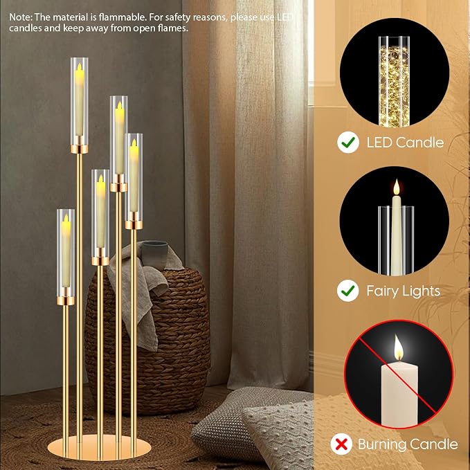 8 Sets Candelabra Centerpieces for Tables,42'' Tall 5 Arms Candlesticks Holder with Lampshade,Wedding Centerpieces,Gold Candle Holders for Wedding,Home Decoration Housewarming Gift,Fit LED Candles