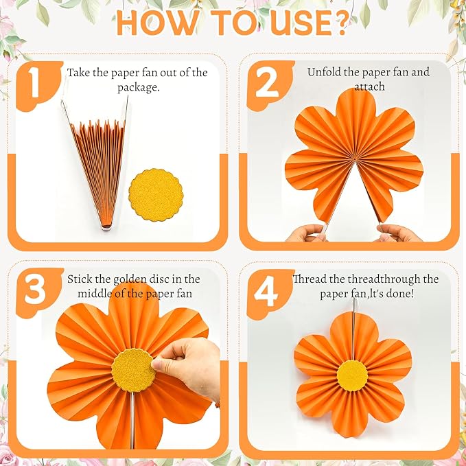Orange Pink Cream Party Decorations, 12PCS Paper Fans Flowers Wall Backdrop for Little Cutie 1st Birthday, Boho Sunset Baby Shower, Groovy Daisy Wedding & Nursery Decor